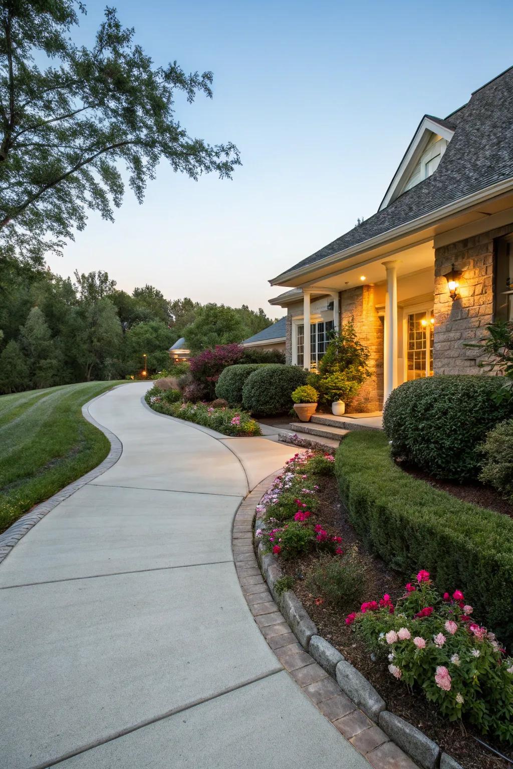 A curved driveway design that adds sophistication and stream.