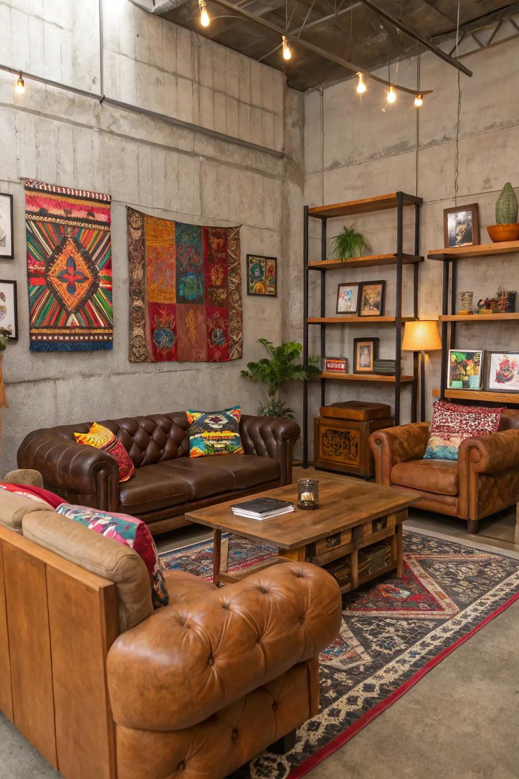 Diverse decorations breathe life into concrete walls with varied sensations.