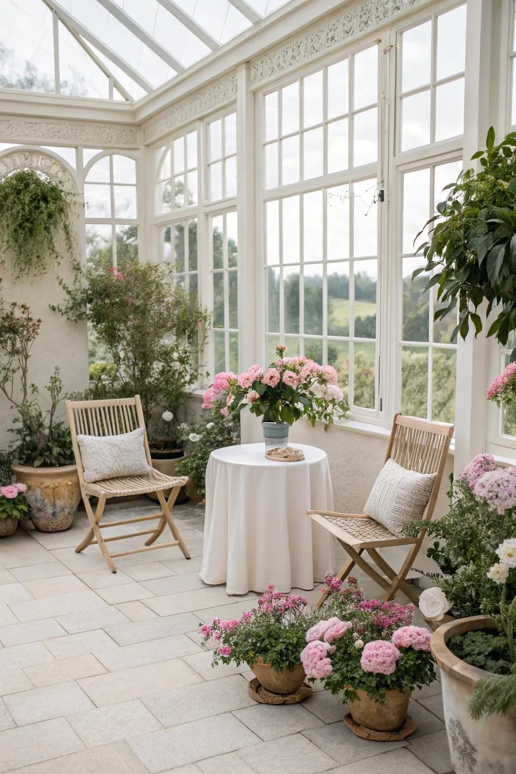 A soothing sunroom adorned in soft, subdued tones.