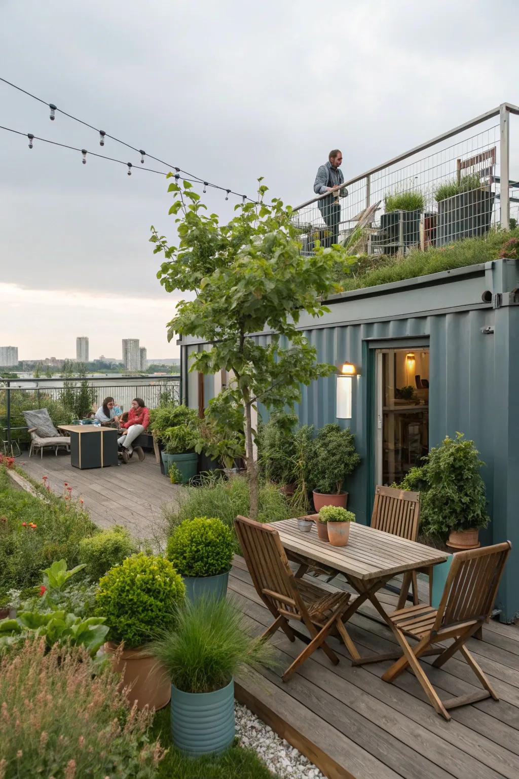 A verdant rooftop botanical space complements this container dwelling.