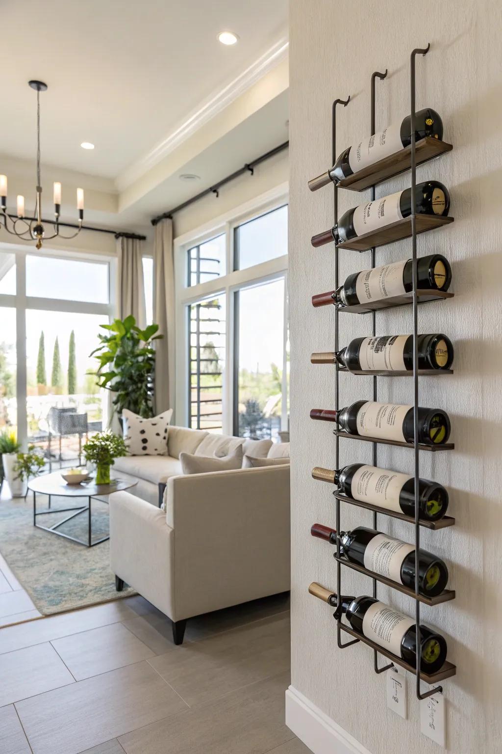 Hanging wine shelves deliver a polished, contemporary beauty.