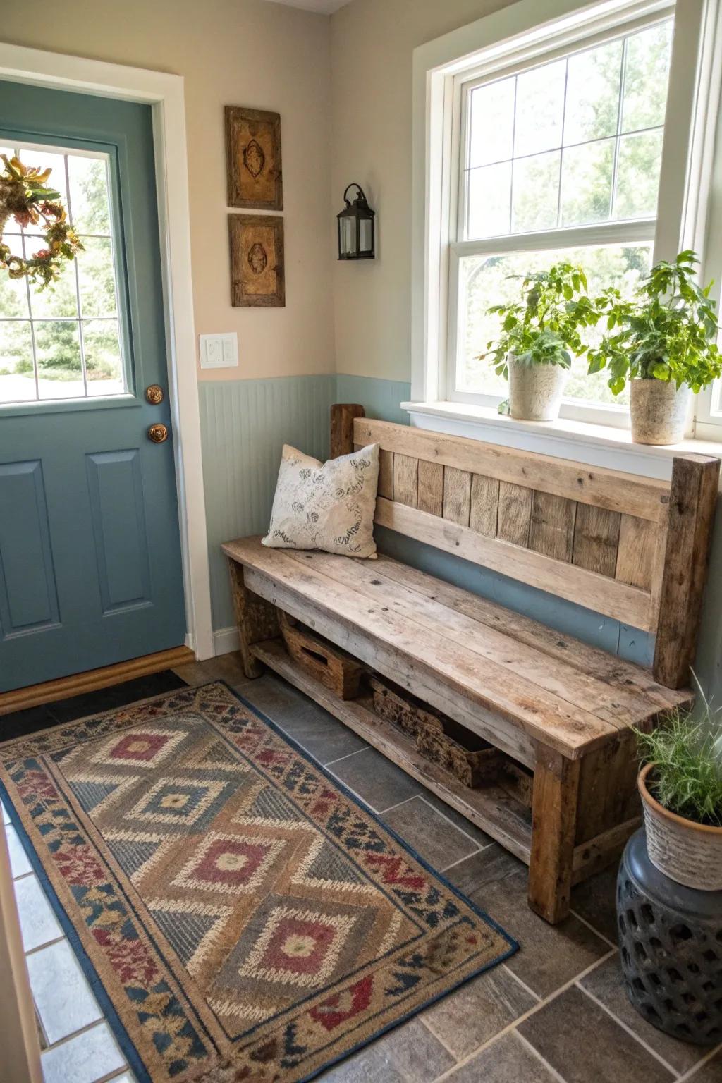 Vintage charm showcased by a rustic, repurposed bench.