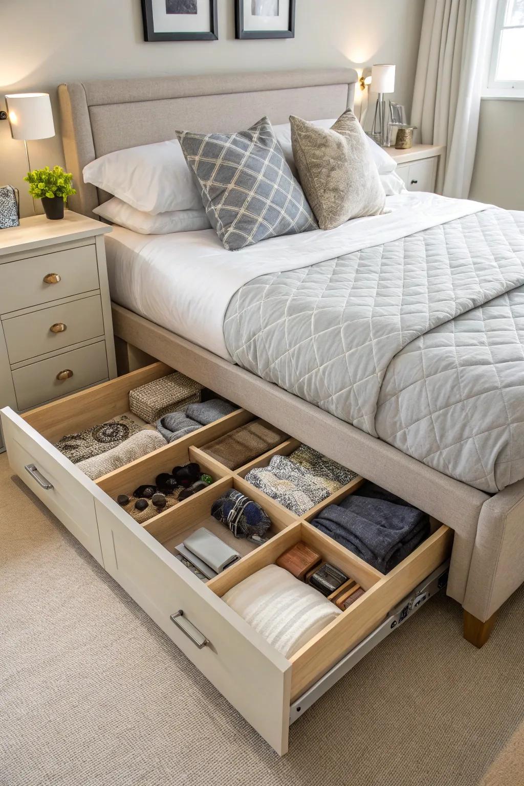 Beneath-bed storing keeps your area tidy and structured.