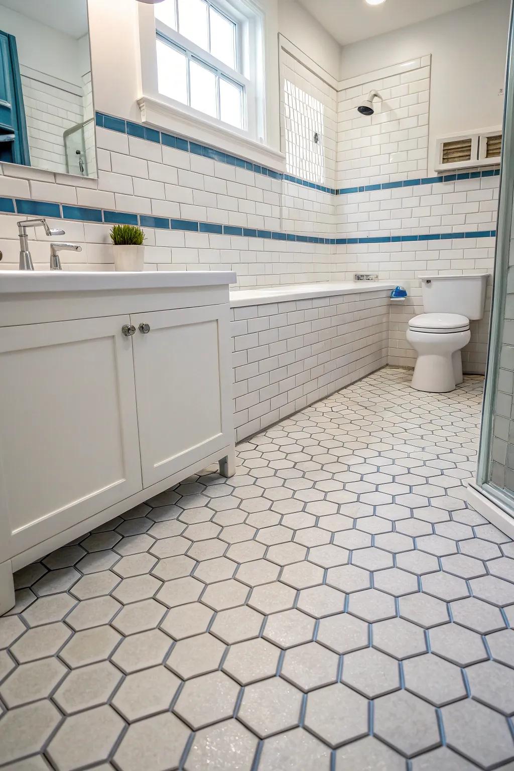 Traditional tile designs featured in a cottage bathroom