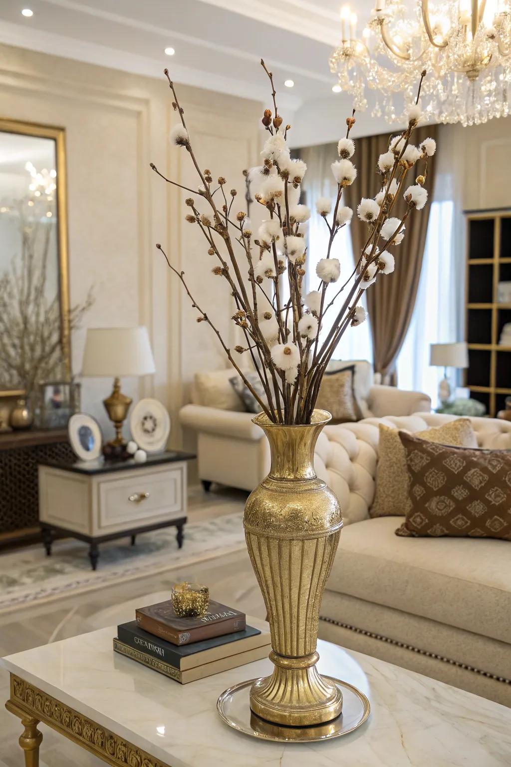 Complexity with a gilded container and cotton sprigs.