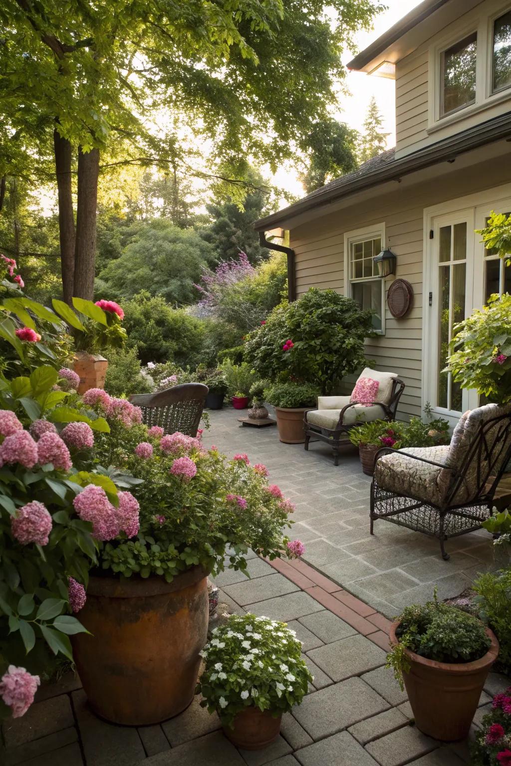 Lush greenery and blossoms enhance the organic beauty of the patio.