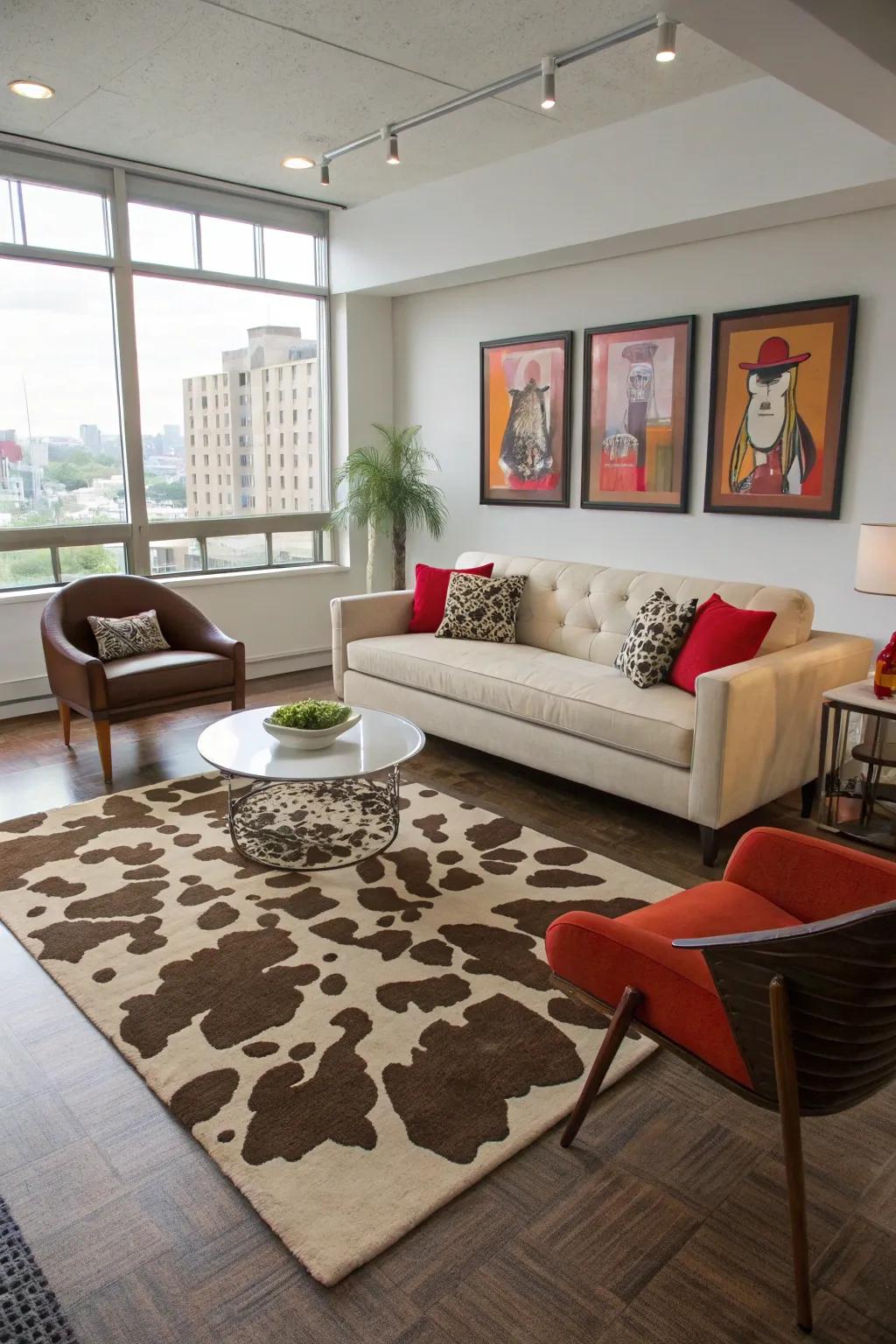 A bovine pattern rug contributes texture and style to any space.