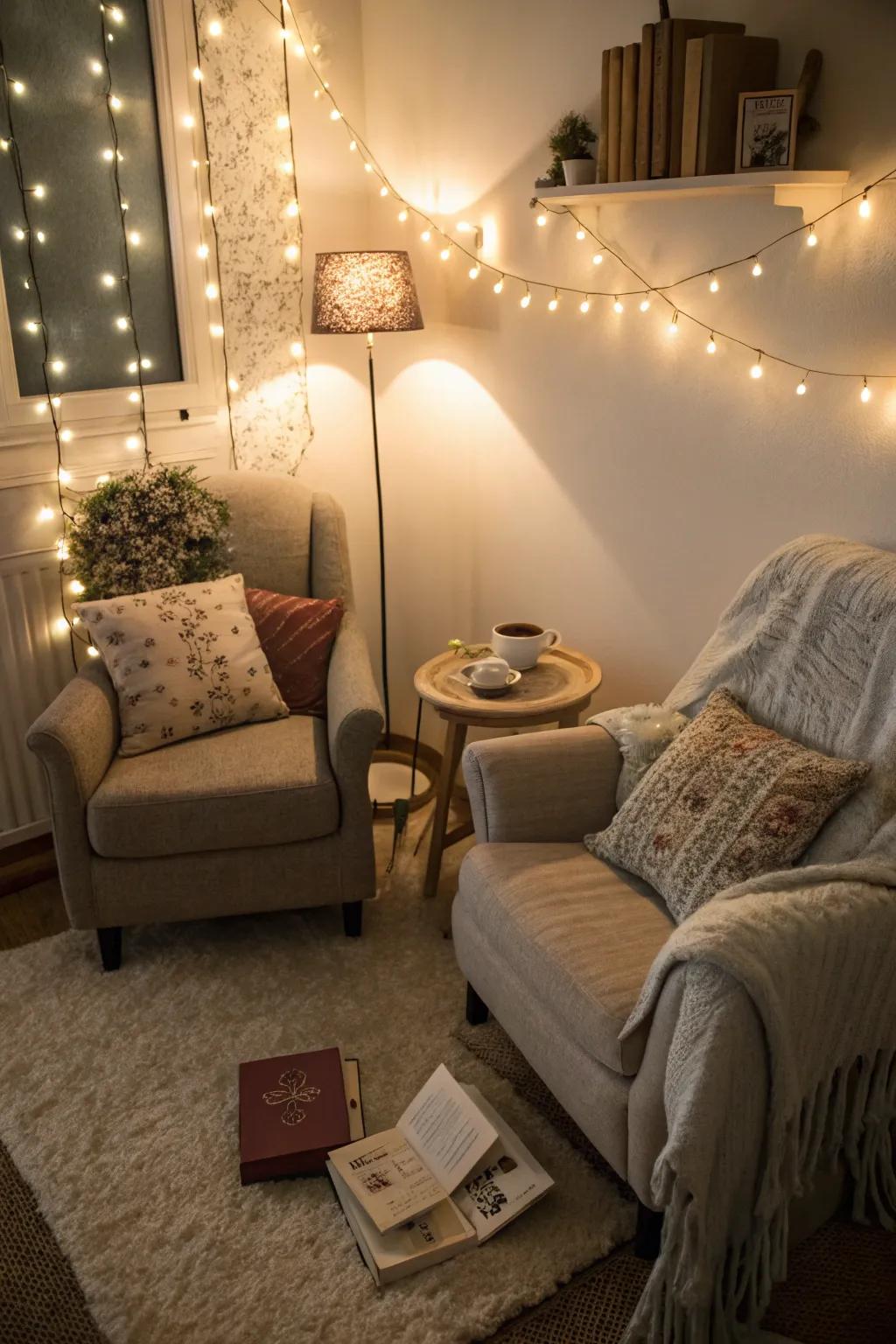 Soft ambient lighting sets the perfect mood for a cozy reading session.