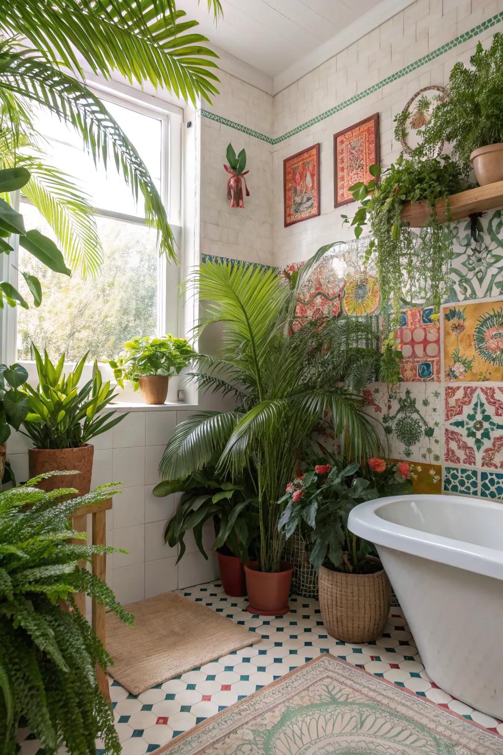A tropical-themed bathroom overflowing with lush plants.