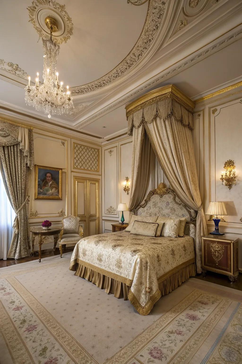 A deluxe bedroom decorated with opulent decor and lush materials.