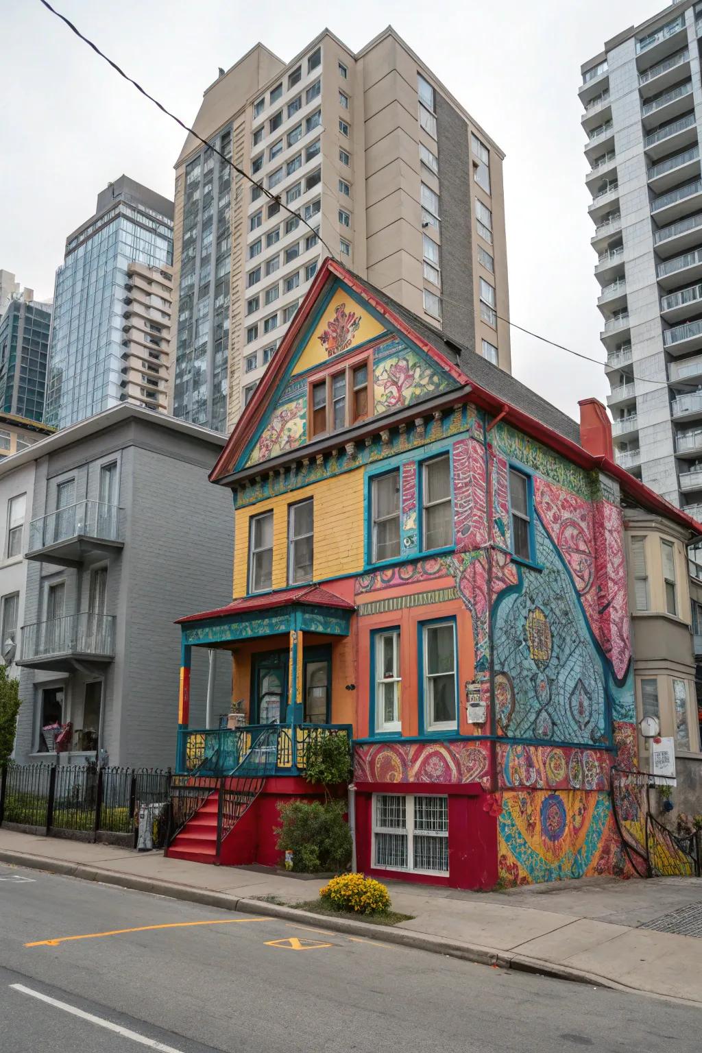 A home embracing striking colors and designs, making a statement in an urban environment.
