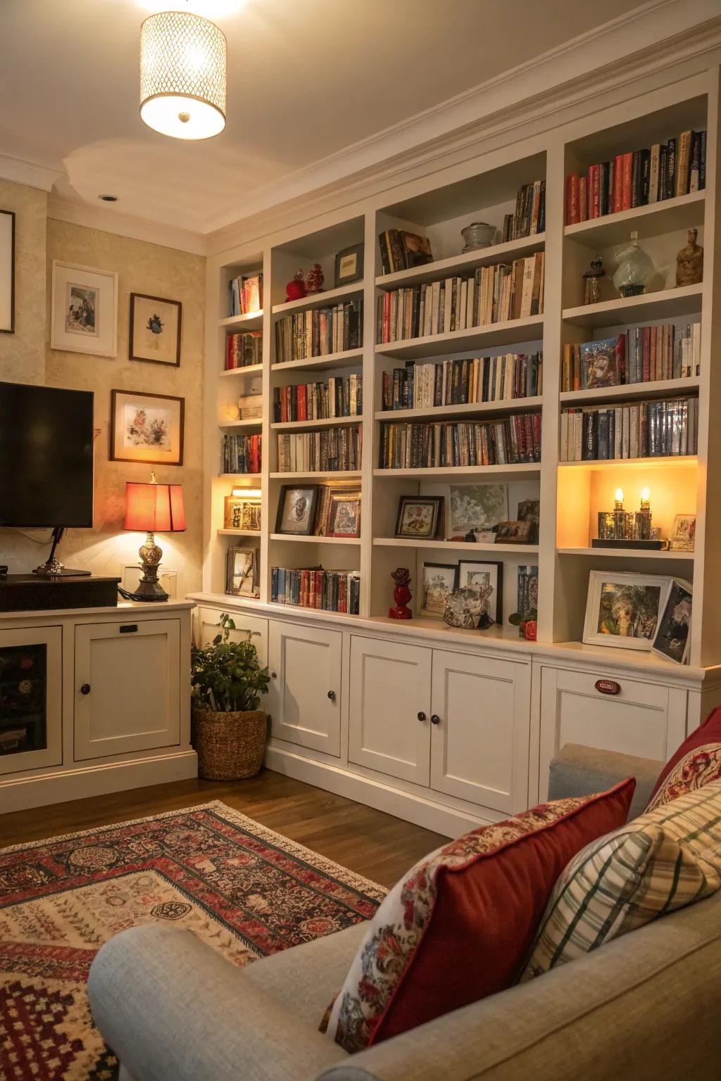 A bookshelf statement wall creates a striking impression.
