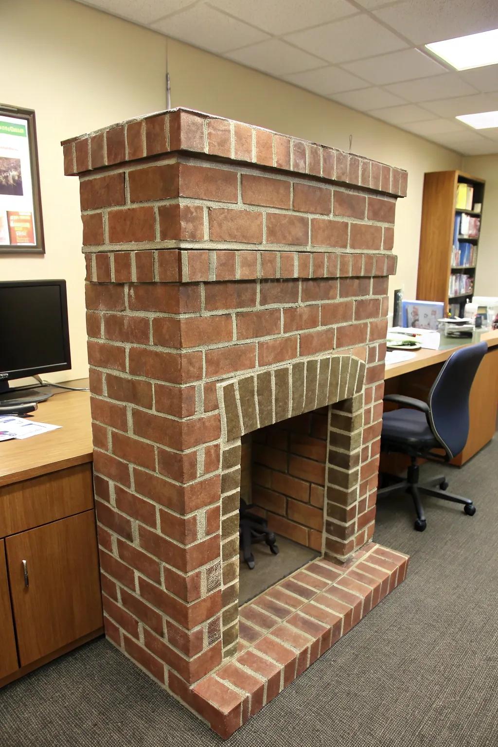 A simulated hearth delivers warmth and comfort to the office design.