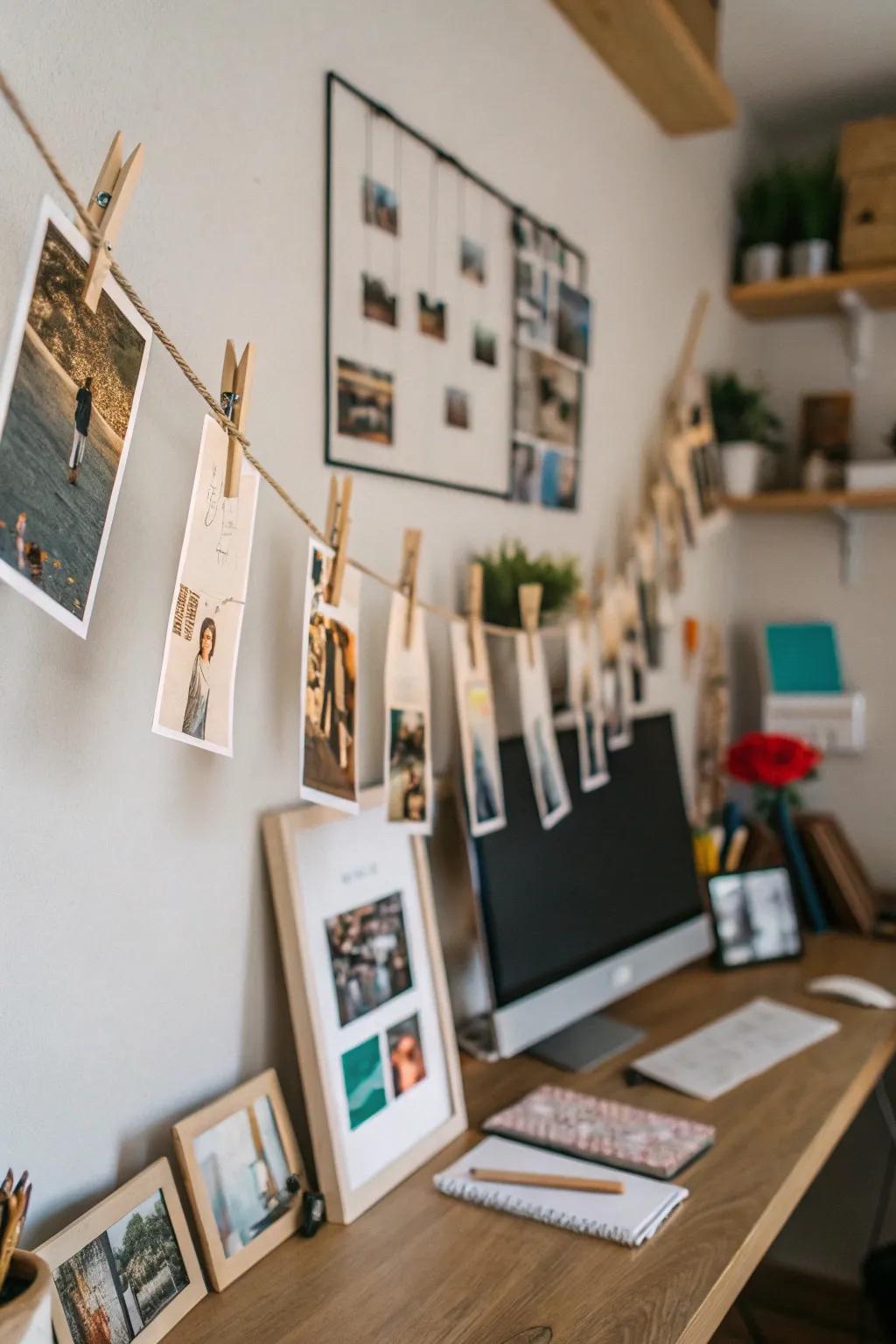 Cords and fasteners create a flexible and informal photo layout.