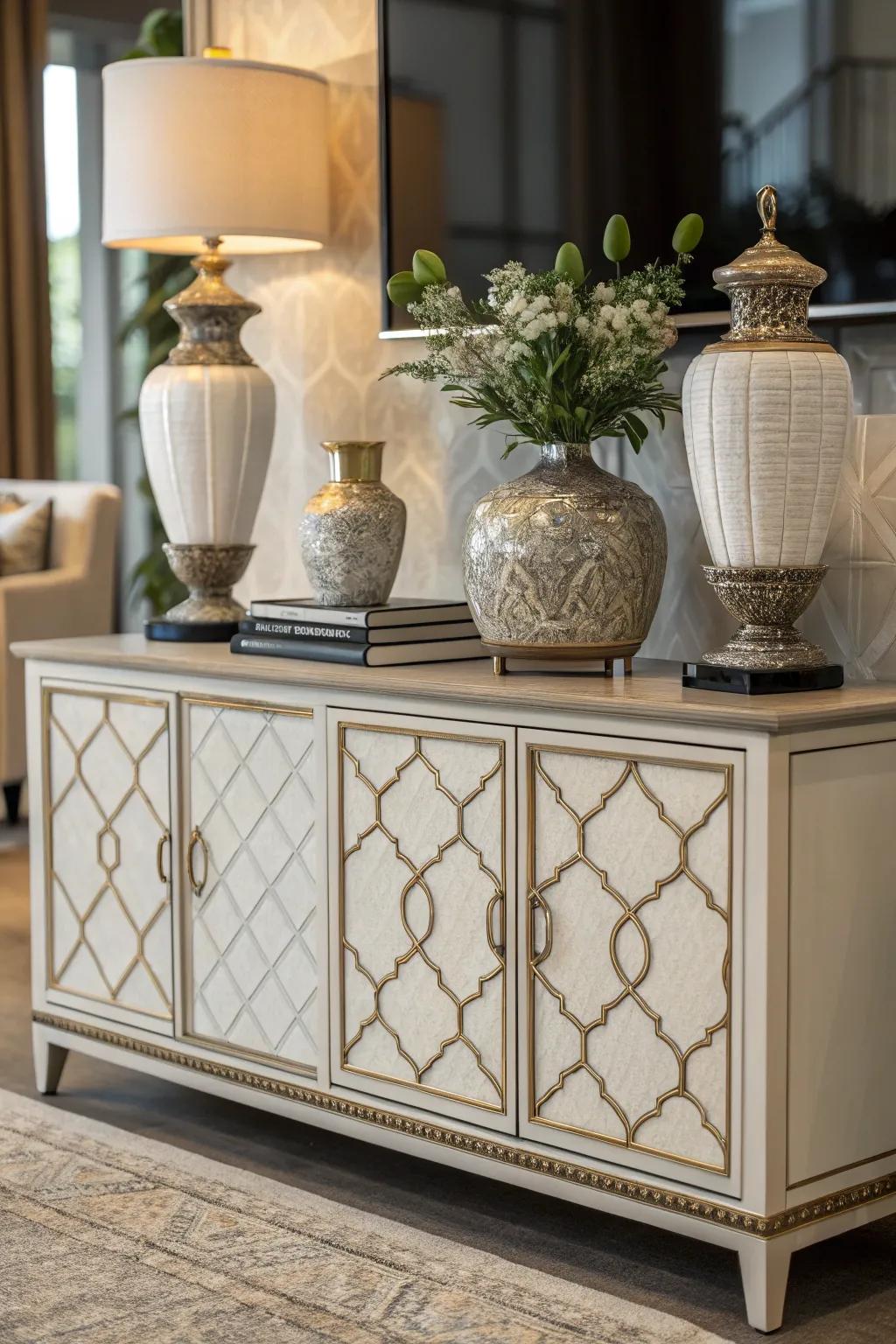 A display cabinet with a balanced arrangement for visual equilibrium.