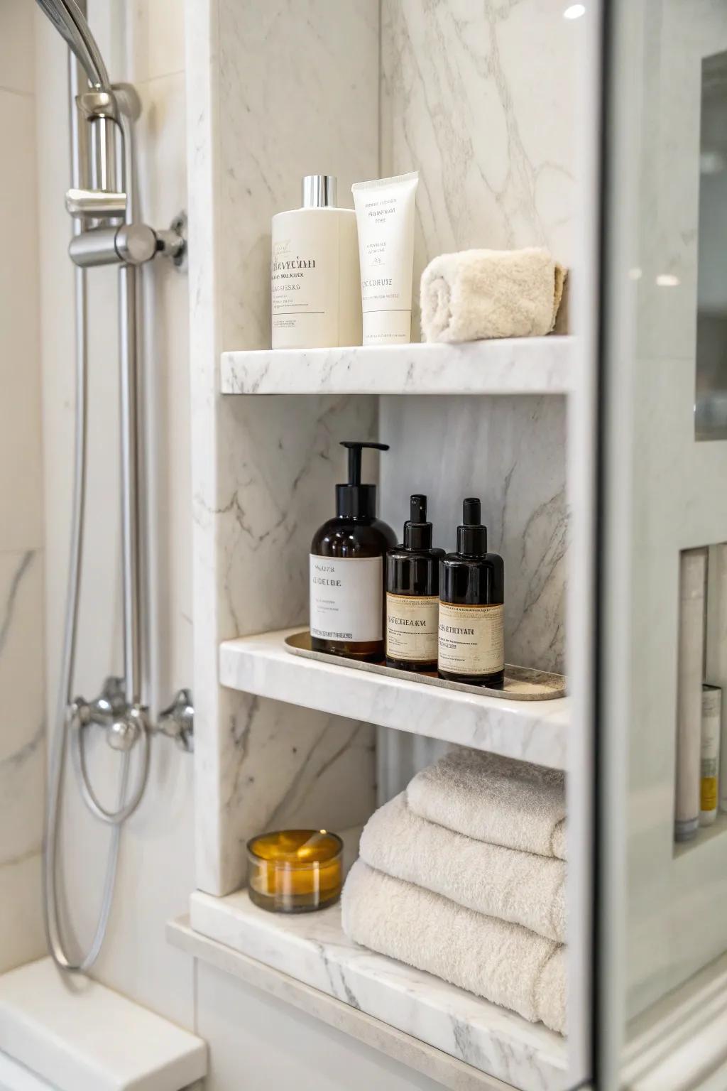 Built-in shelves provide practical storage in refined marble alternative showers.