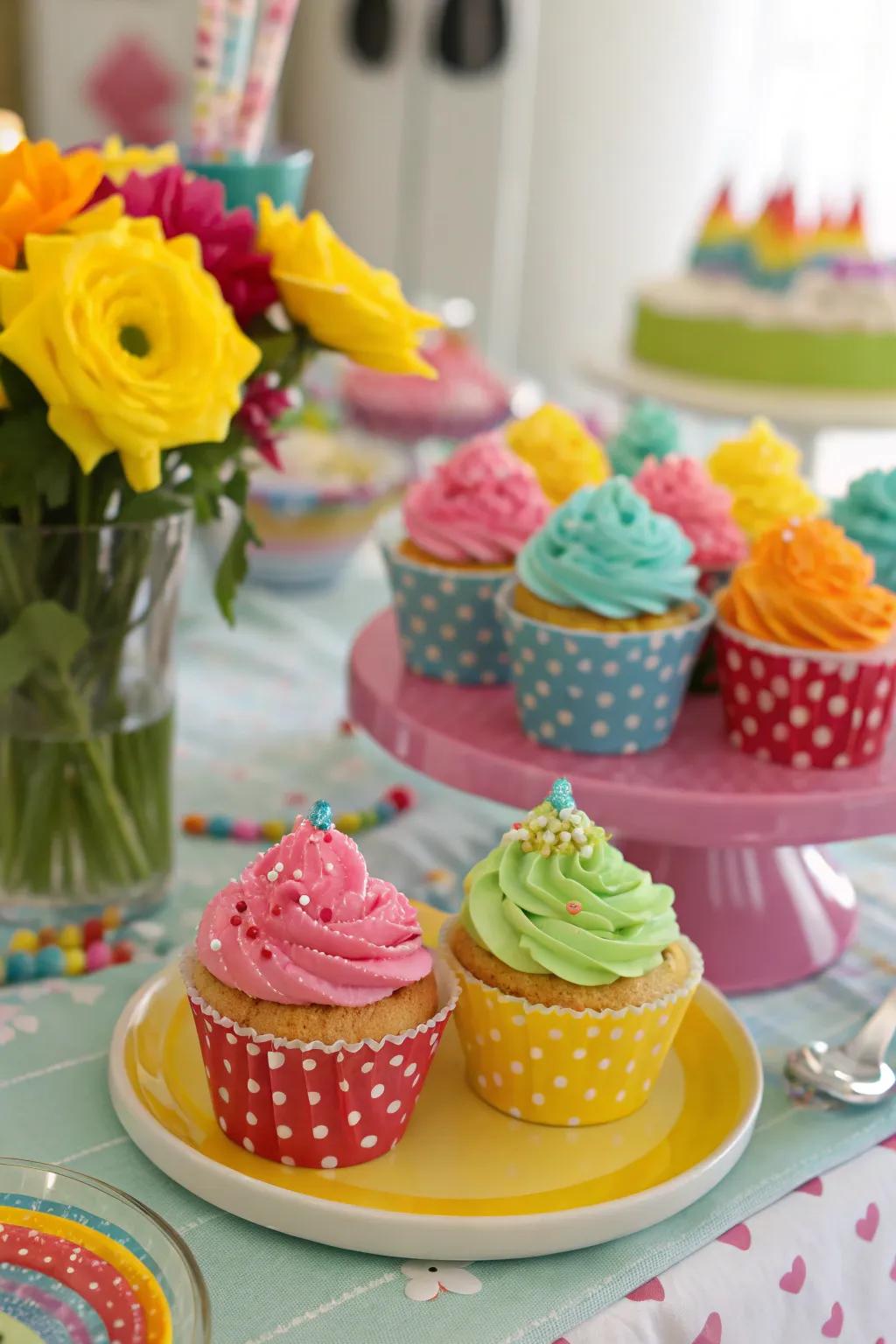 Colorful cupcakes add a burst of color to any event.