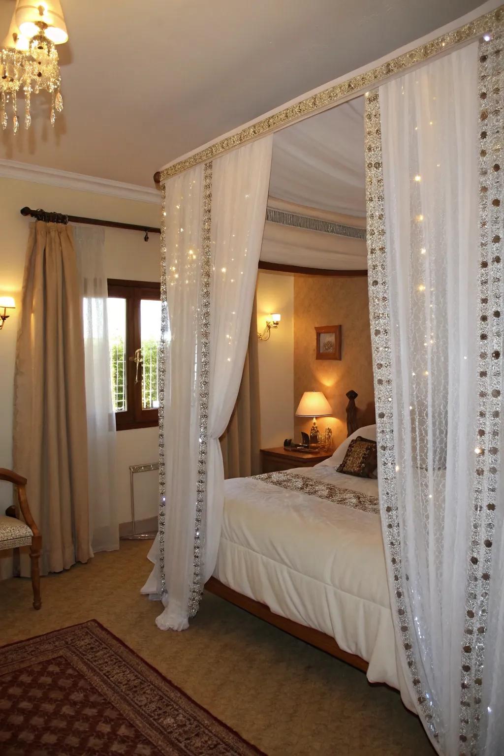 Bedroom drapes enhanced with elegant jeweled adornments.