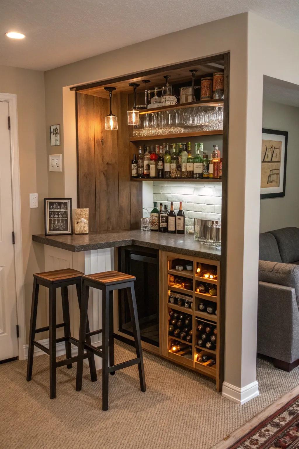 A space-saving home bar effectively using a small area.