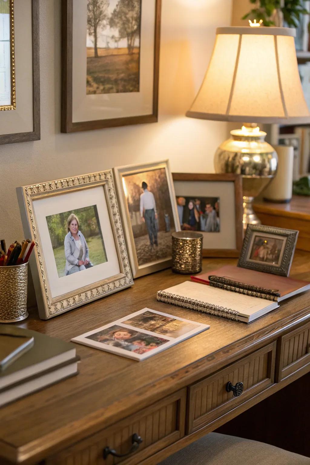 A desk featuring decorative photo displays showing family photos.