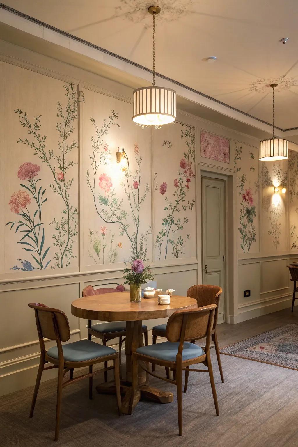Soft flower patterns bring calmness to the dining room.
