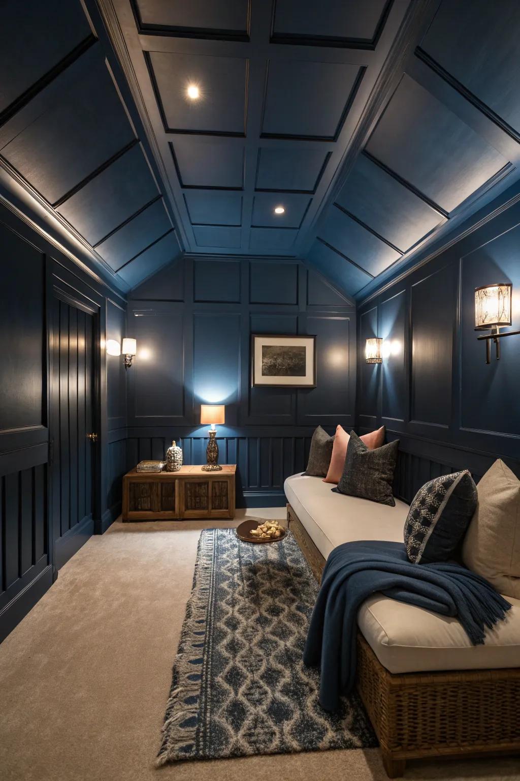 A daring aesthetic featuring a unified navy overhead and walls.
