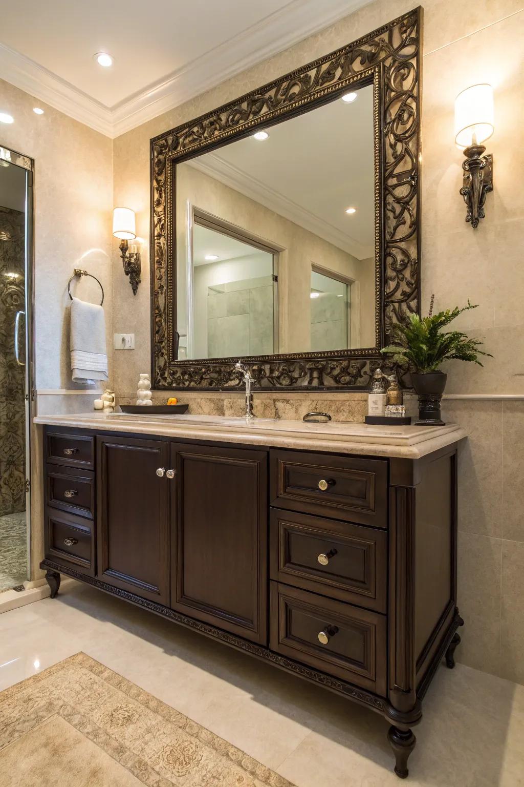 A striking reflector enriches a deep cocoa dressing table.