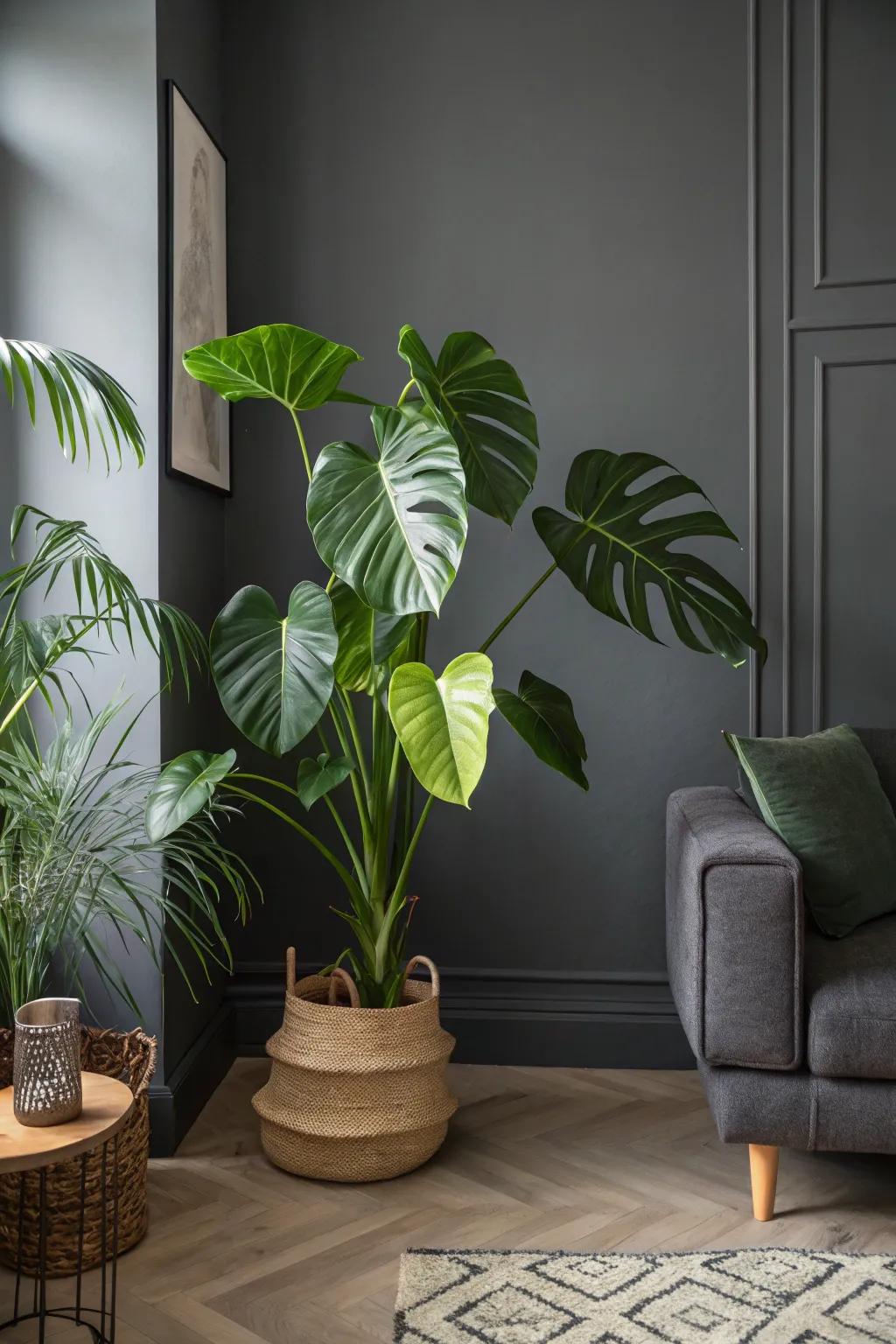 Plants breathing life into a deep charcoal interior.