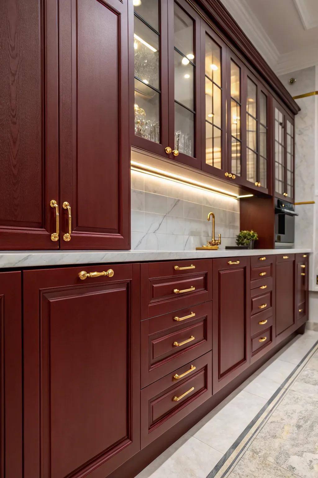 Sumptuous culinary space featuring tinted ruby fixtures and gilded accents.