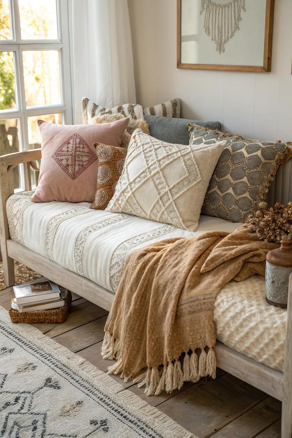 A plentiful combination of surfaces imparts depth and captivation to a daybed design.