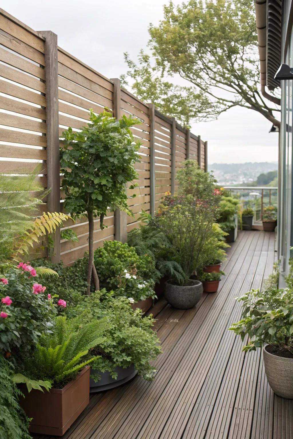 Potted plants enhancing privacy and adding a natural touch.