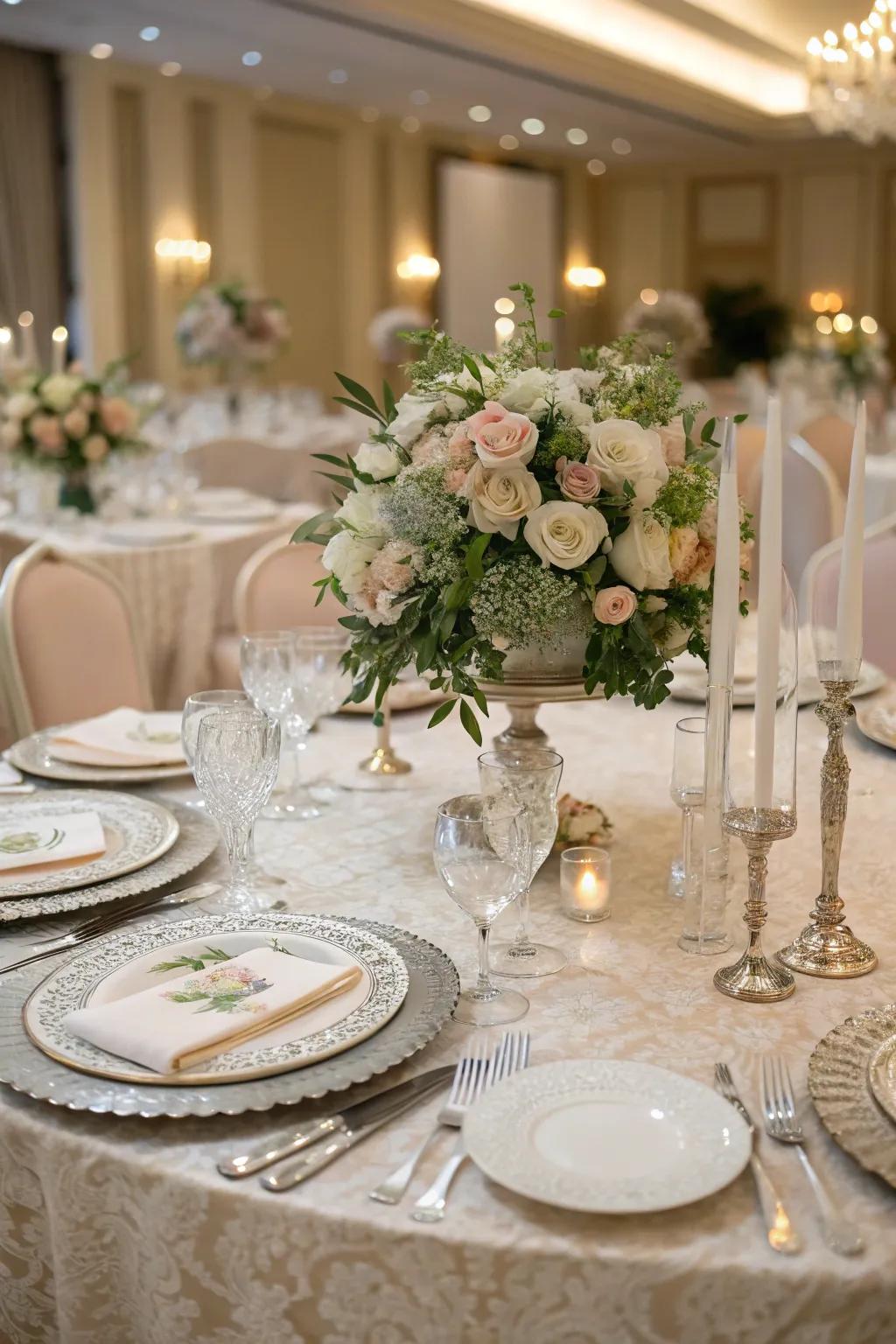 A stylishly arranged table featuring elaborate decorations at a wedding.