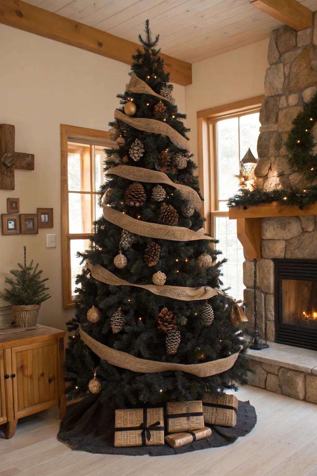 An ebony Christmas tree using rustic nature-inspired components.