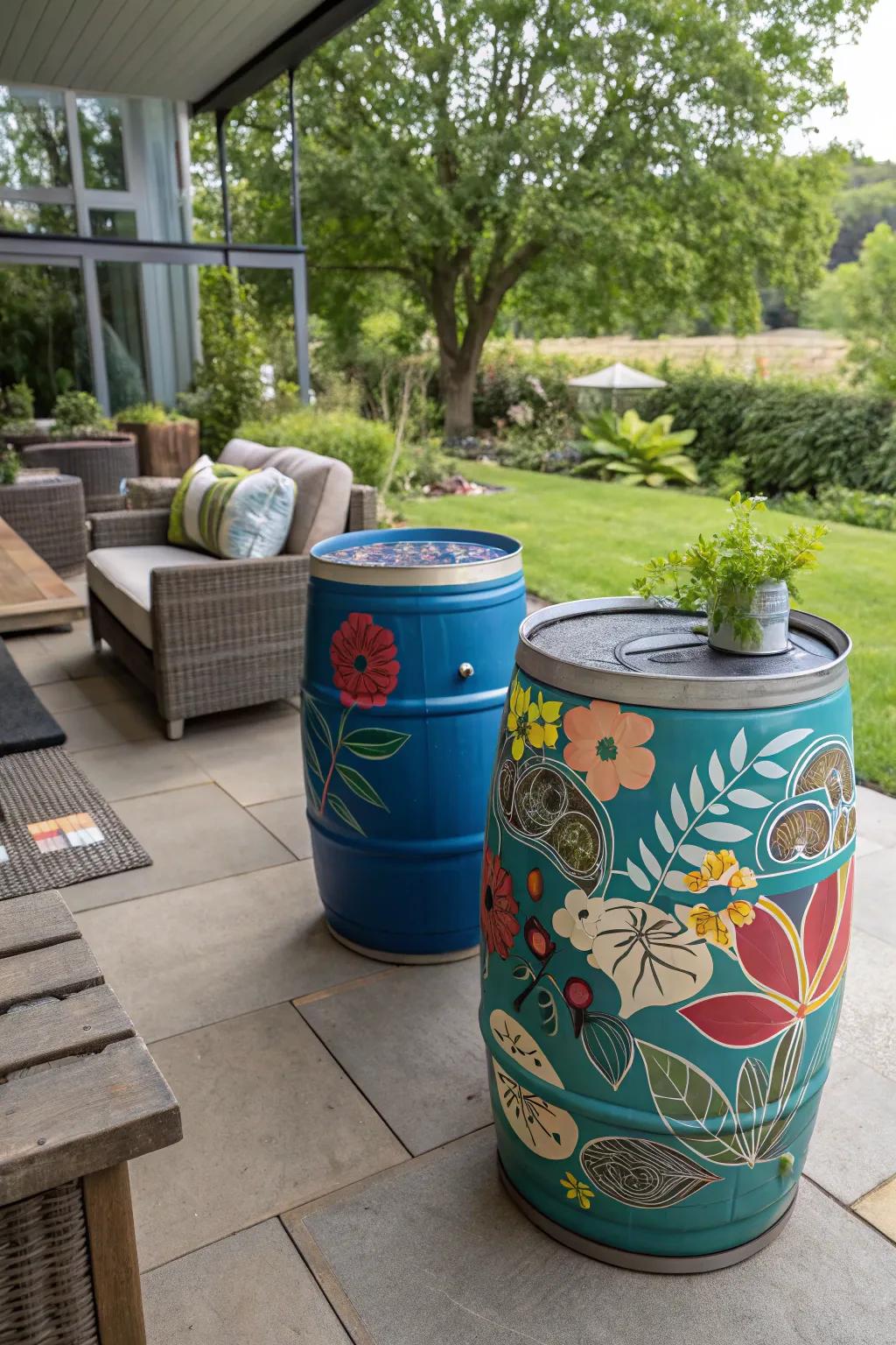 Barrels as functional art pieces on a patio