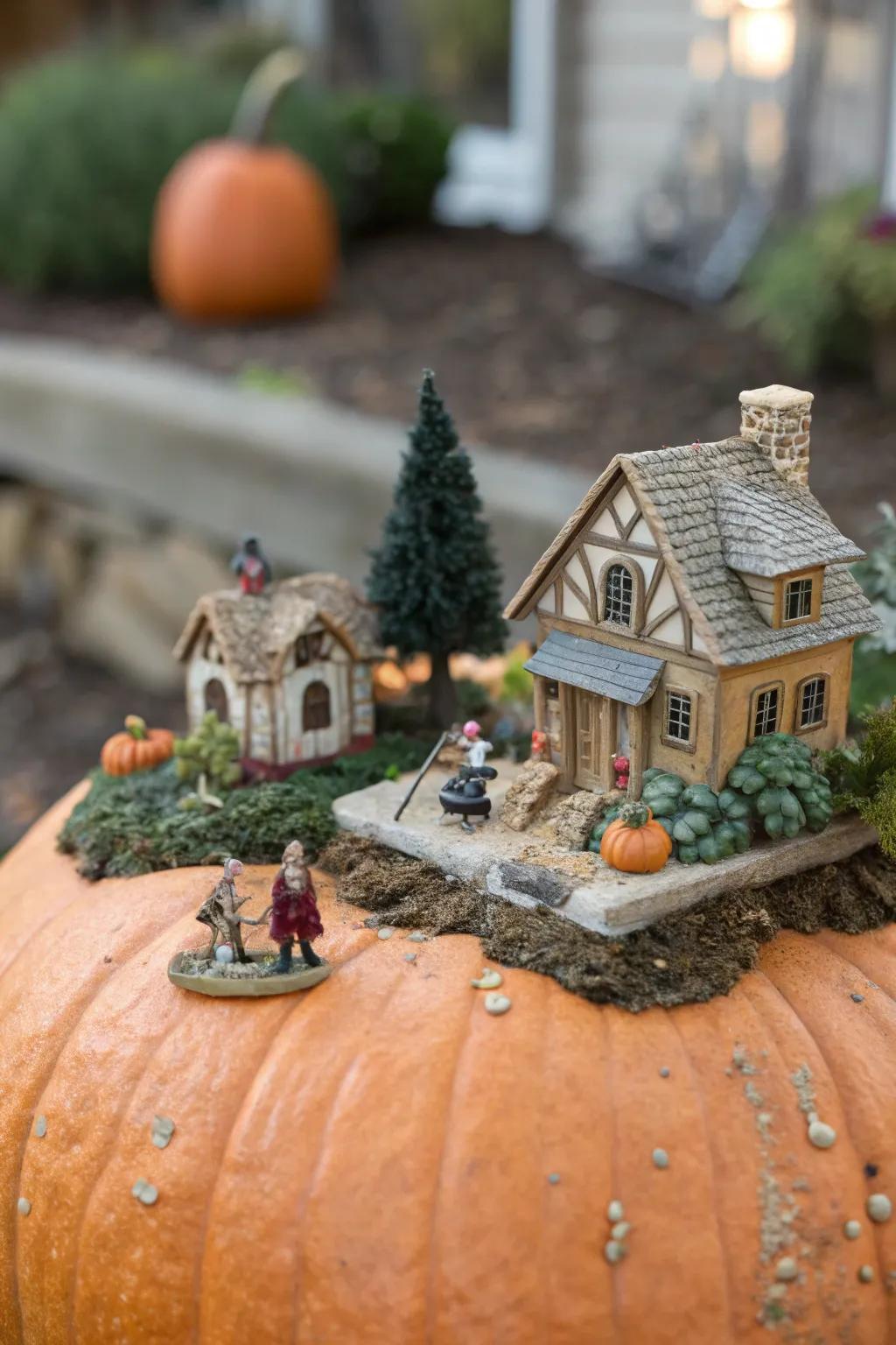 Create an eccentric miniature scene upon your pumpkin for a distinctive centerpiece.
