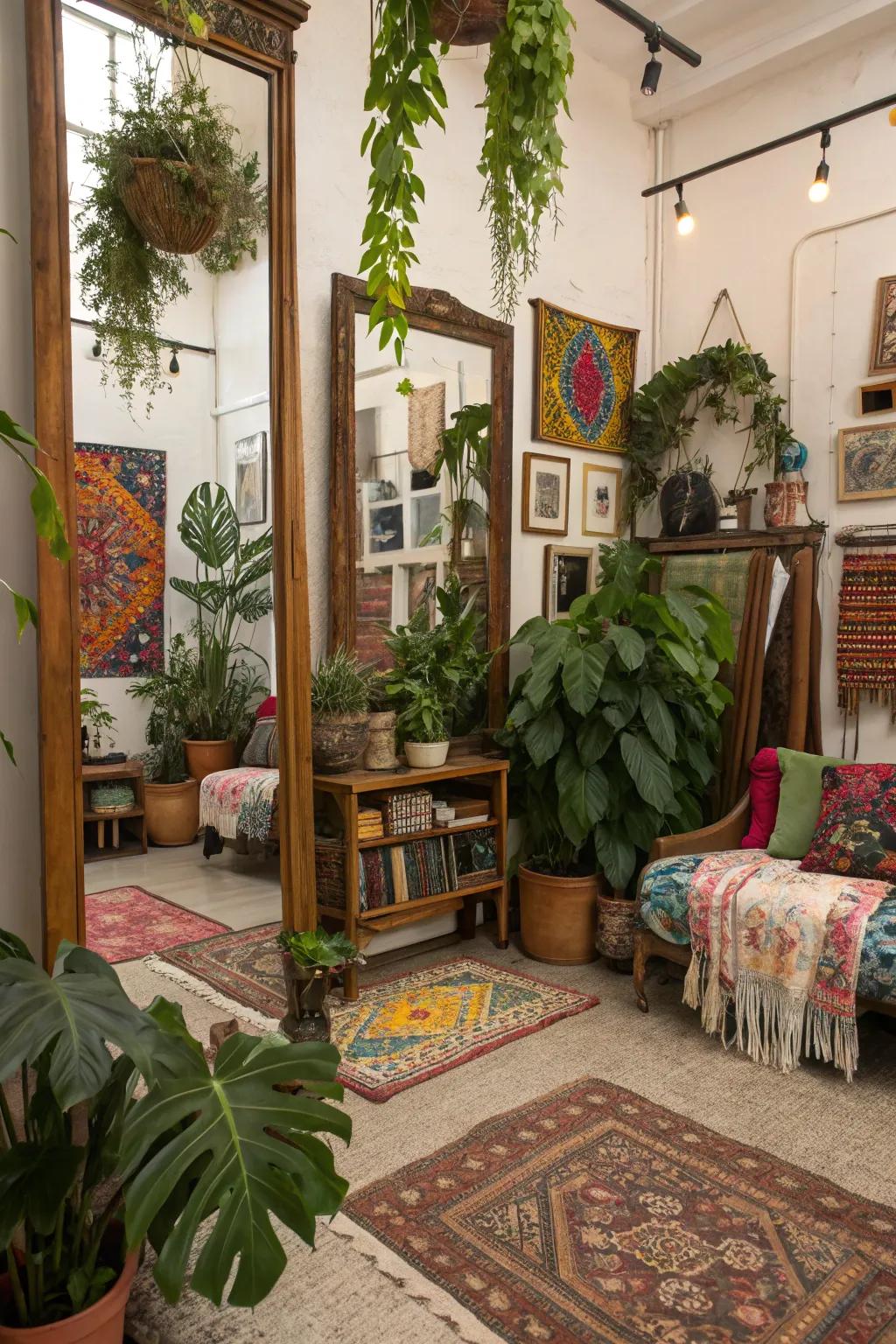 Bohemian sensations through mirrors, flora, and diverse decorative elements.