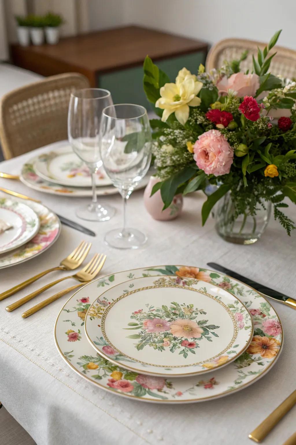 Charger plates enhanced with fresh florals for a lively look.