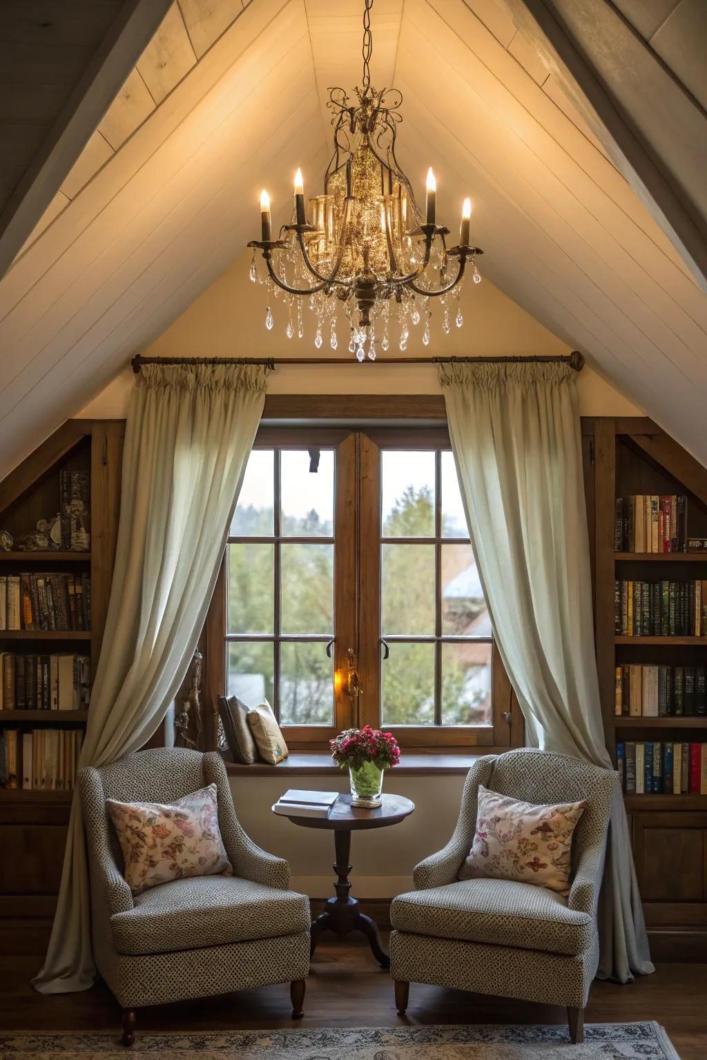 A chandelier infuses a touch of allure into the dormer.