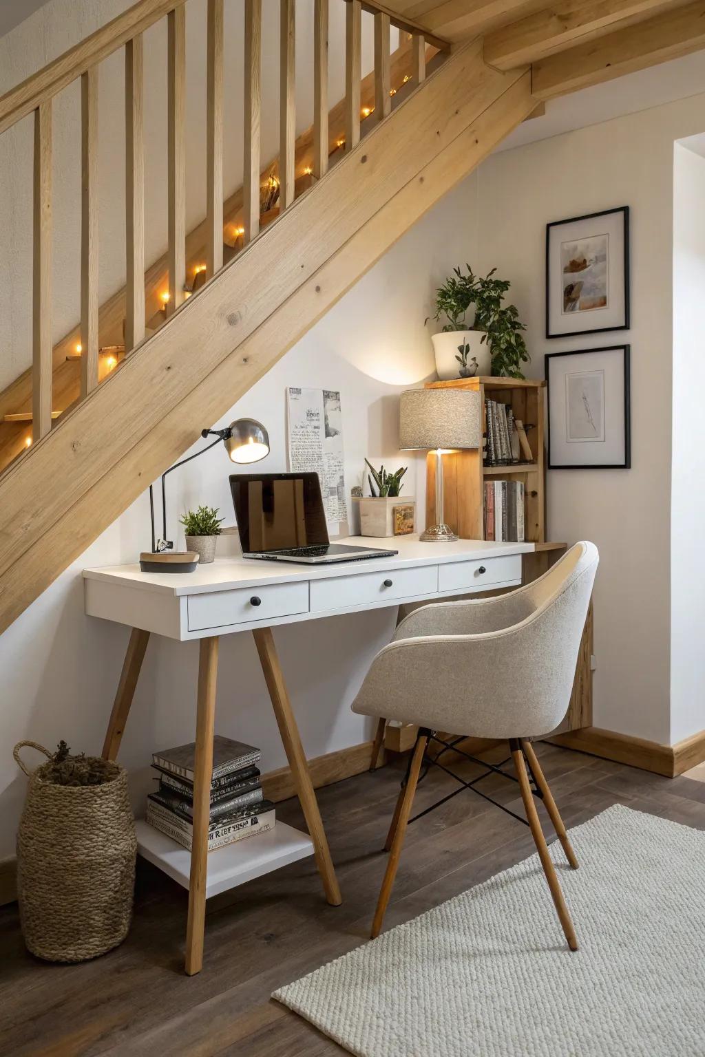 Under-stair desks: Turning hidden areas into functional offices.