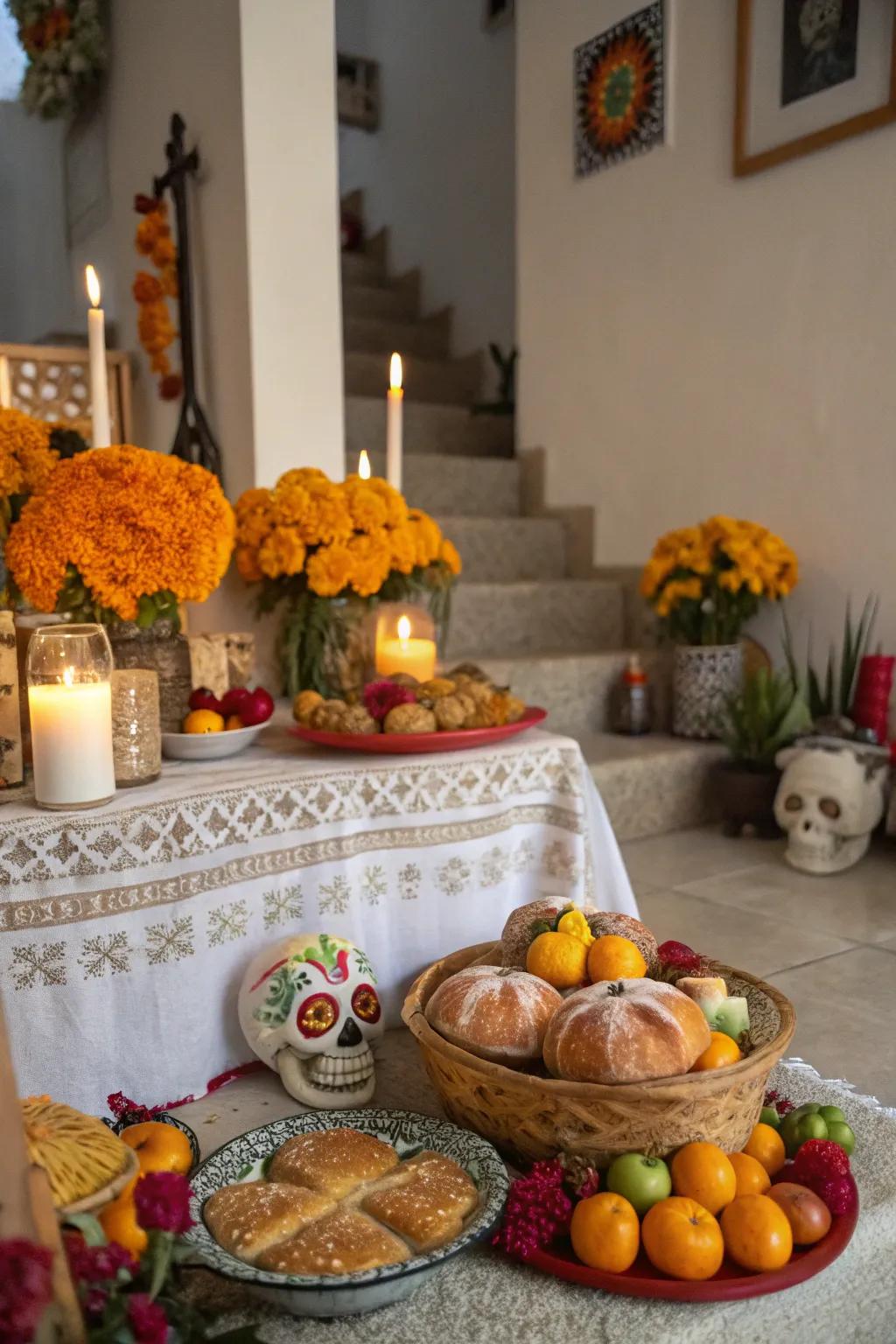 Traditional dishes are presented to honor and nourish the spirits.