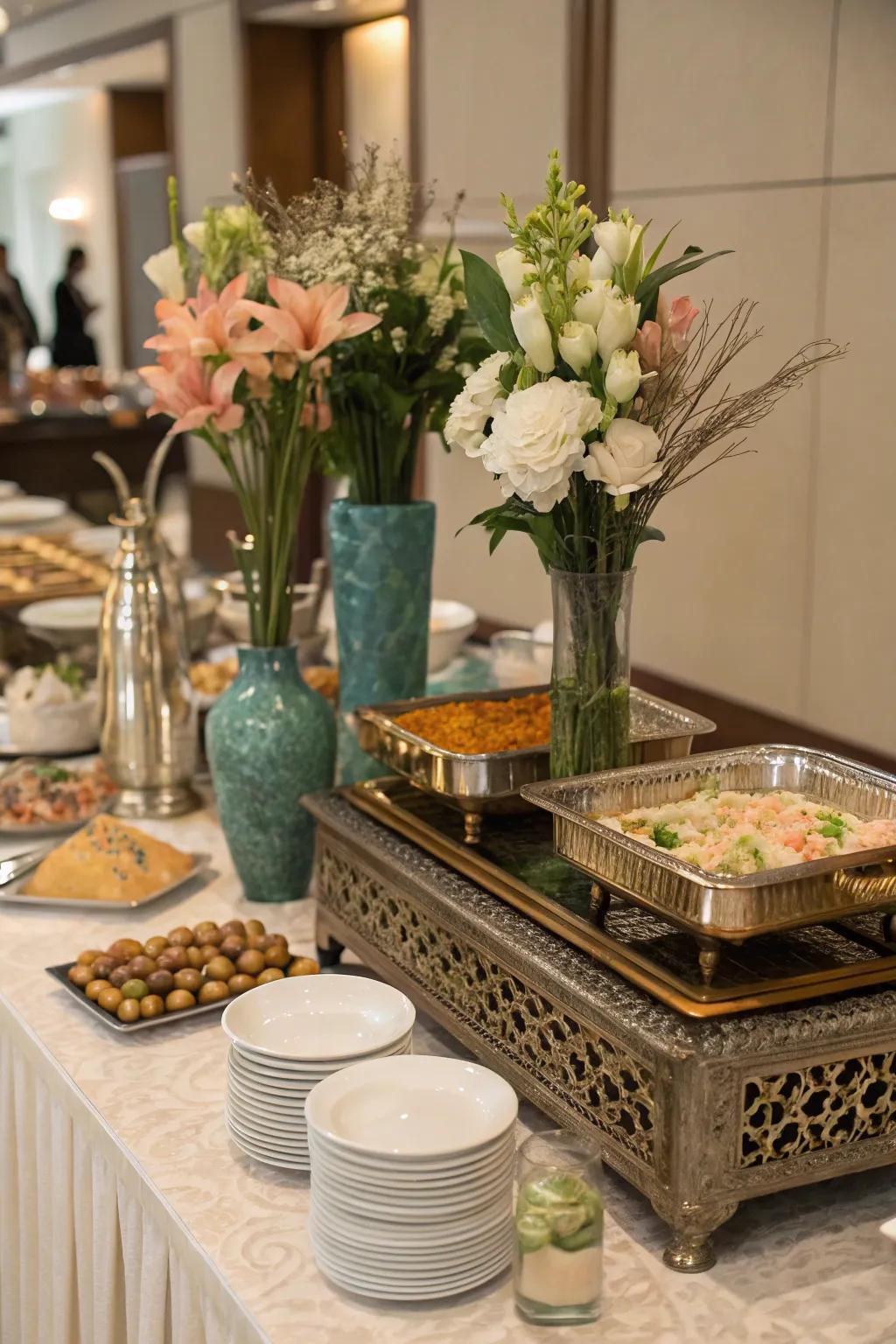 Platters and vessels fashion a chic and structured buffet presentation.