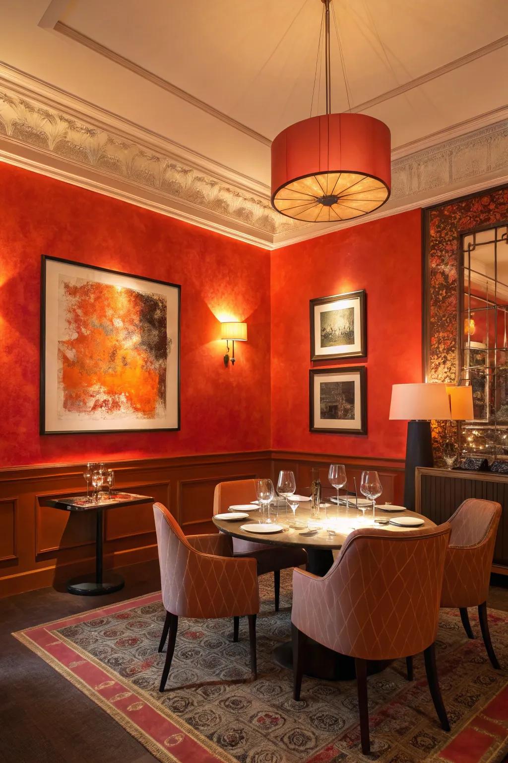 A lively dining space animated with fiery hues.