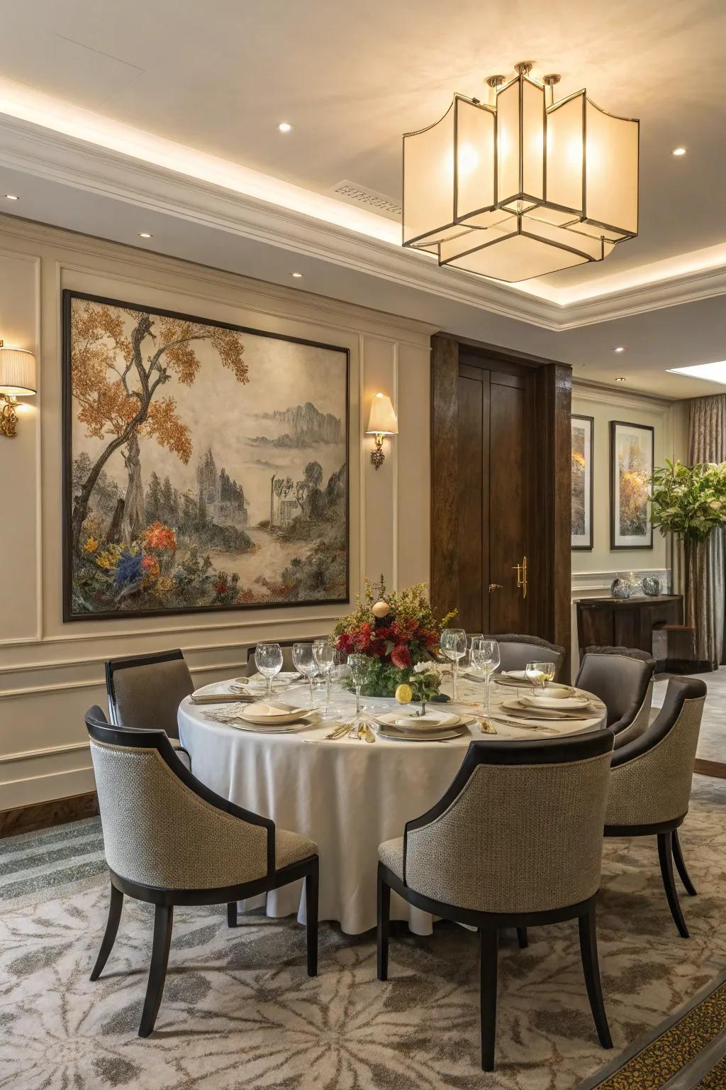 Dramatic art pieces add character and focus to the dining room.