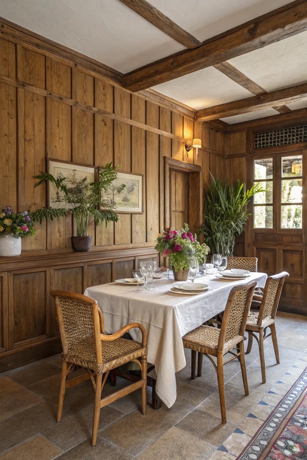 Timber wainscoting introduces a warm, welcoming vibe within this dining space.