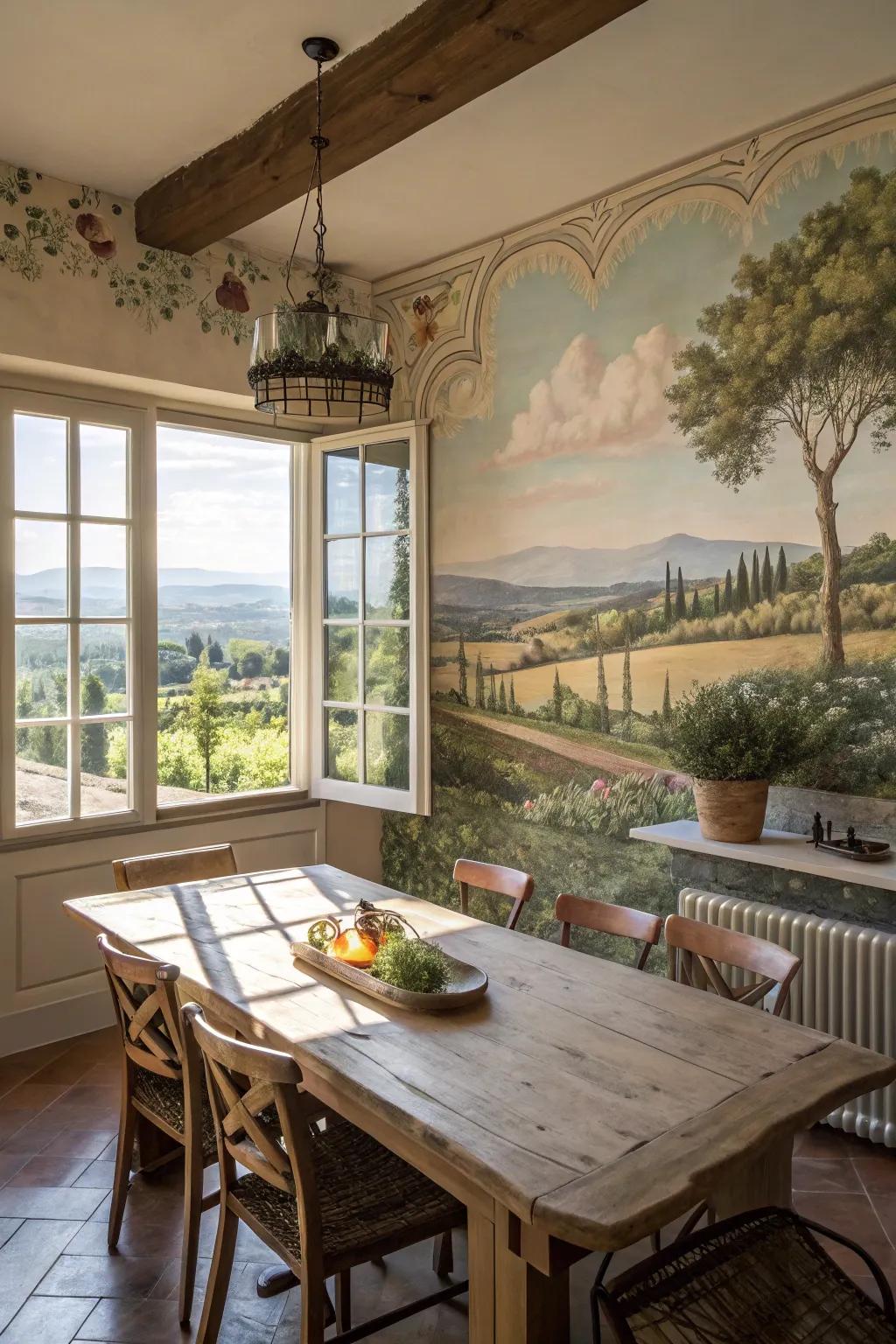 A landscape paint creates a large and welcoming eating atmosphere.