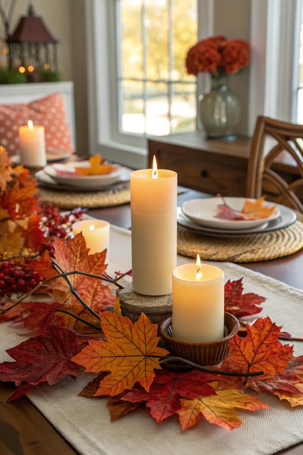 A dining table decorated using seasonal autumn leaves.