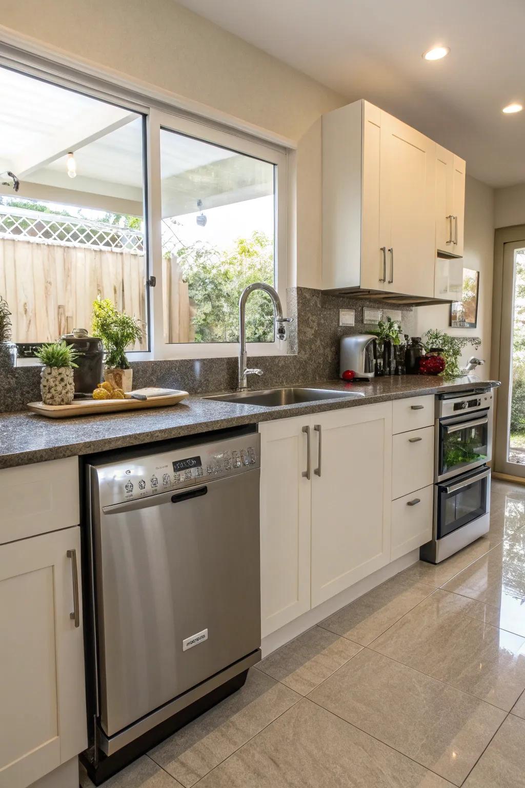 A conveniently positioned dishwasher next to the kitchen's water fixture.
