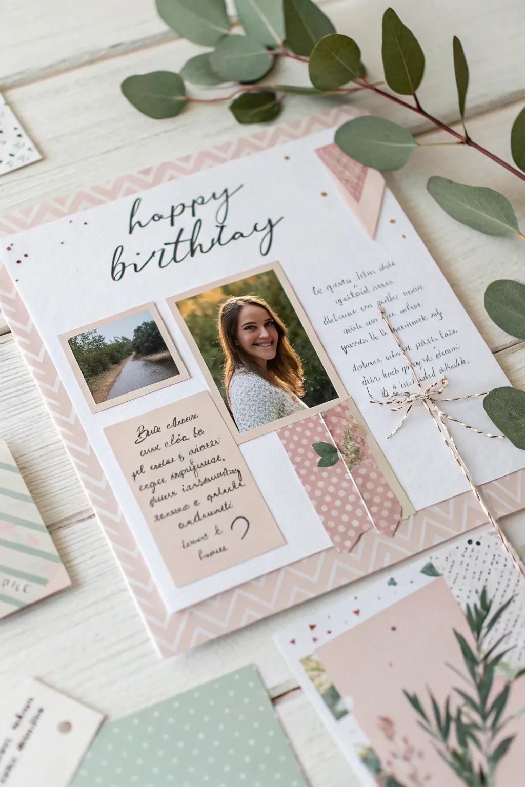 Crafting memories: A minimalist scrapbook-motif birthday greeting with a personalized impression.