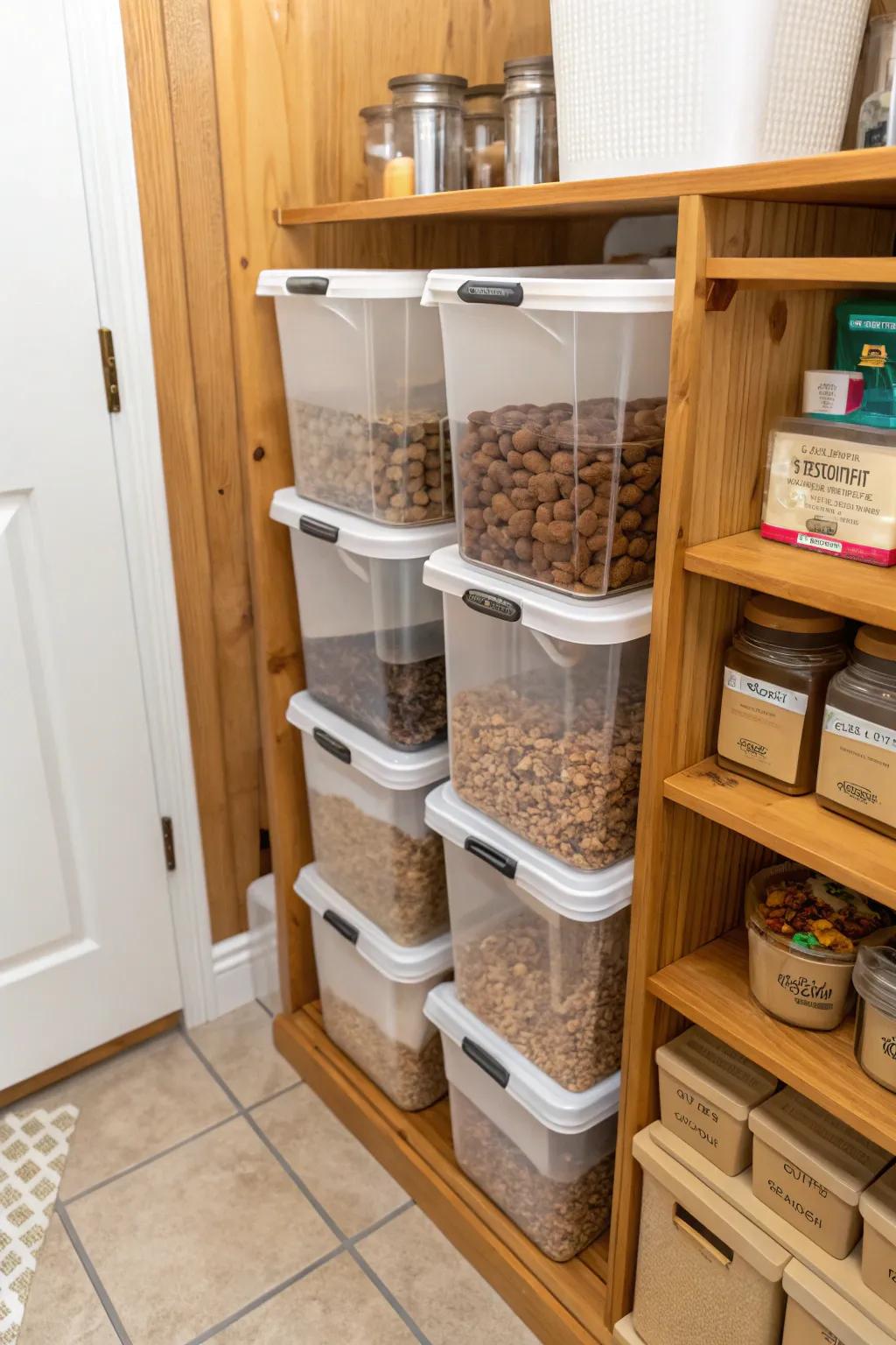 Generous stacking bins paired with scoops deliver an orderly solution for sizable kibble reserves.