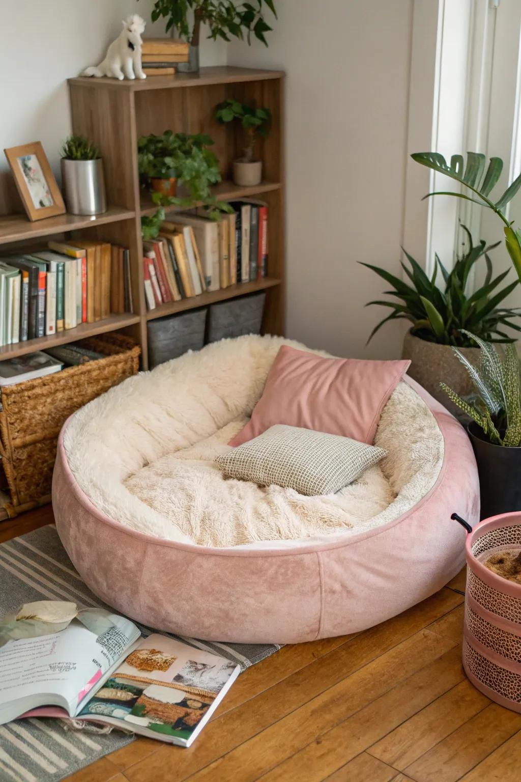 A plush dog bed with gentle pillows offering utmost relaxation in a comfortable zone.
